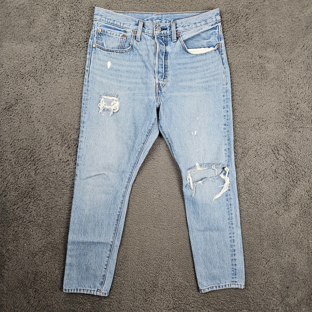 Levis Premium 501 Womens 30x28 Original Light Wash Distressed Straight Leg Jeans